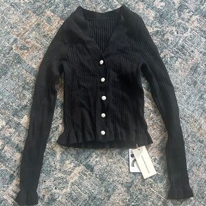 Commense Black Ribbed Pearl Button Cardigan with Lettuce Hem